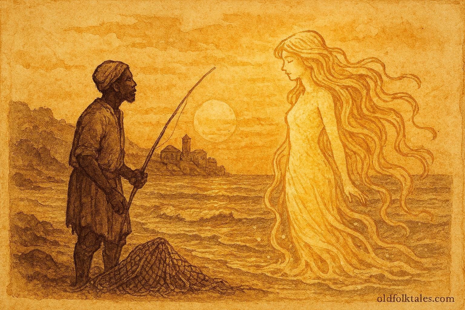 An illustration of fisherman meeting sea bride at Tunisian coast, folktale scene.
