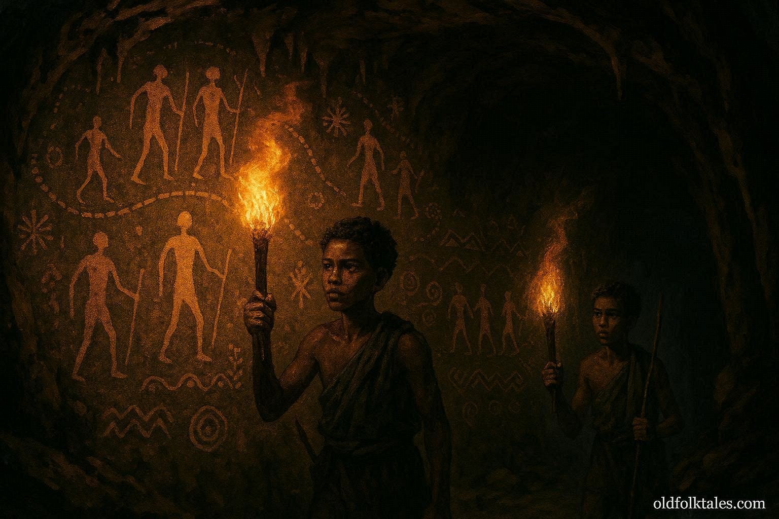 Young hunters discovering ancient ancestral paintings inside a sacred cave in Puntland Somalia