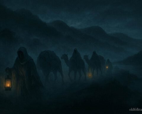 A mysterious ghost caravan moving through fog near Lake Mweru in Zambia