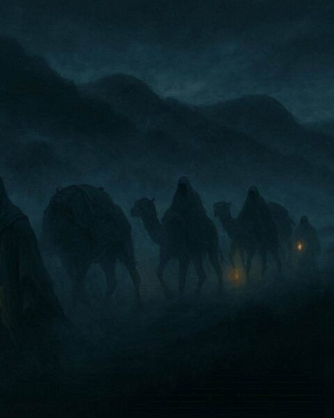 A mysterious ghost caravan moving through fog near Lake Mweru in Zambia