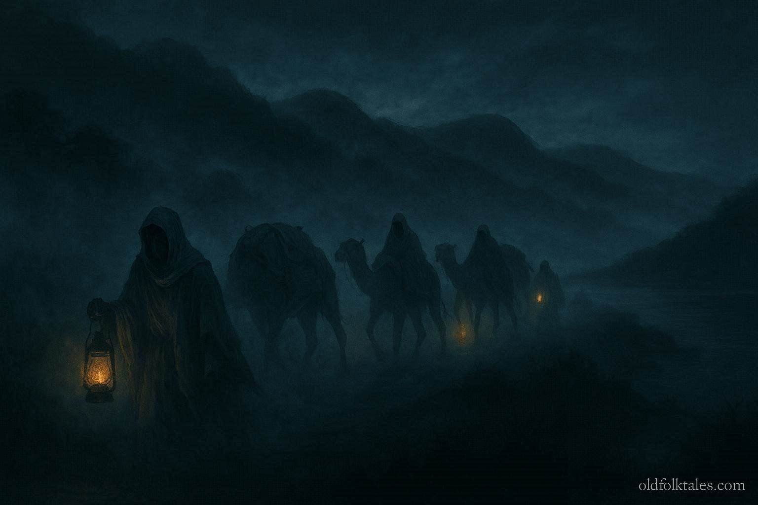 A mysterious ghost caravan moving through fog near Lake Mweru in Zambia