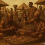 Royal gold weighers inspecting brass scales in the busy marketplace of ancient Kumasi