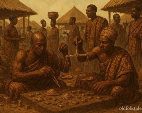 Royal gold weighers inspecting brass scales in the busy marketplace of ancient Kumasi
