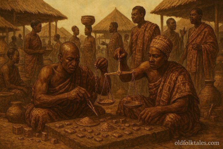 Royal gold weighers inspecting brass scales in the busy marketplace of ancient Kumasi