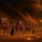 A royal treasure caravan disappearing into a mysterious Sahara sandstorm near Ouarzazate