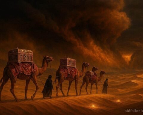A royal treasure caravan disappearing into a mysterious Sahara sandstorm near Ouarzazate