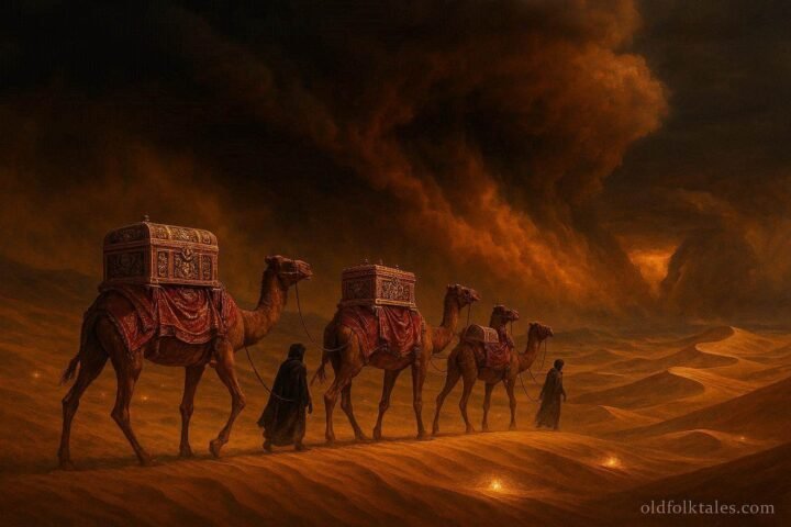 A royal treasure caravan disappearing into a mysterious Sahara sandstorm near Ouarzazate