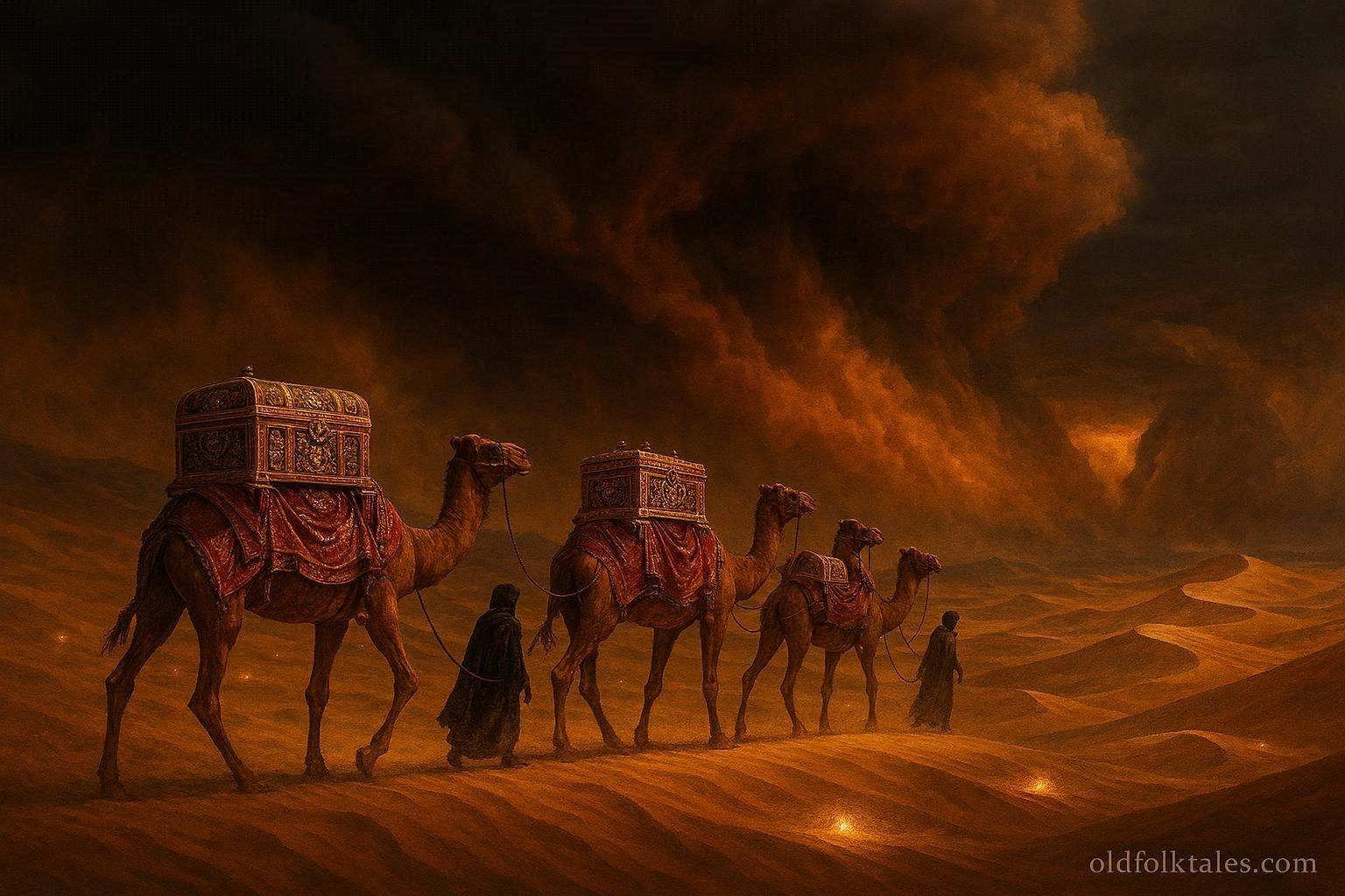 A royal treasure caravan disappearing into a mysterious Sahara sandstorm near Ouarzazate