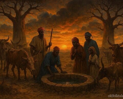 Fula travelers uncovering sacred underground wells during a drought in the Guinea-Bissau savannah