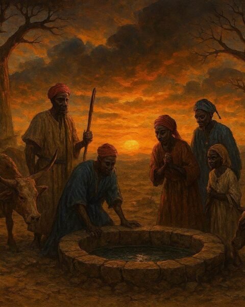 Fula travelers uncovering sacred underground wells during a drought in the Guinea-Bissau savannah