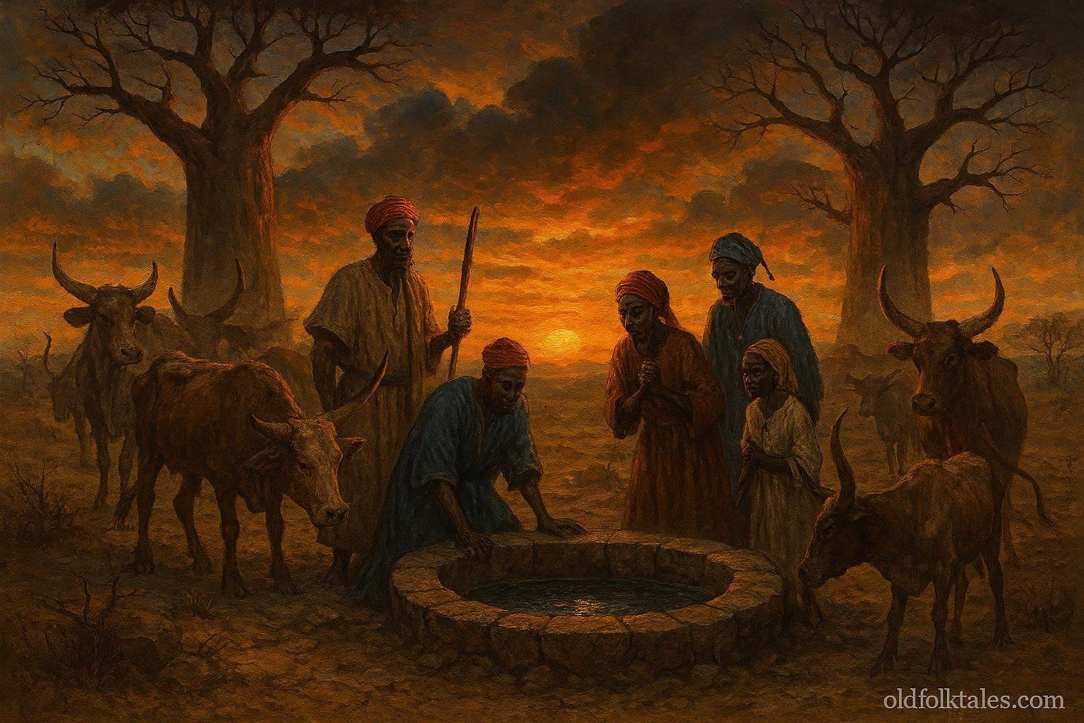 Fula travelers uncovering sacred underground wells during a drought in the Guinea-Bissau savannah