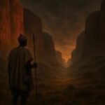 An African hunter standing before the mysterious Red Cliff Hills in northern Ghana