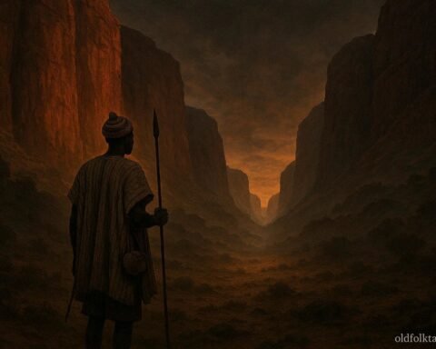 An African hunter standing before the mysterious Red Cliff Hills in northern Ghana