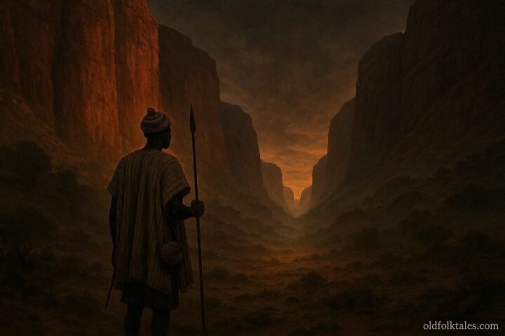 An African hunter standing before the mysterious Red Cliff Hills in northern Ghana