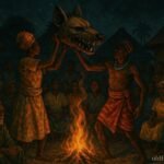 A sacred hyena mask exposing corruption during a nighttime village ceremony in Guinea-Bissau