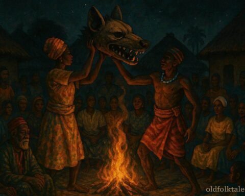 A sacred hyena mask exposing corruption during a nighttime village ceremony in Guinea-Bissau