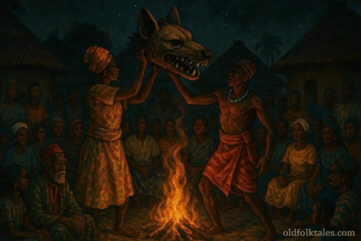 A sacred hyena mask exposing corruption during a nighttime village ceremony in Guinea-Bissau