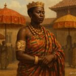 An Akan queen mother wearing a sacred ivory bracelet inside a royal palace courtyard