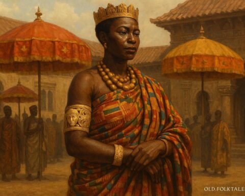 An Akan queen mother wearing a sacred ivory bracelet inside a royal palace courtyard