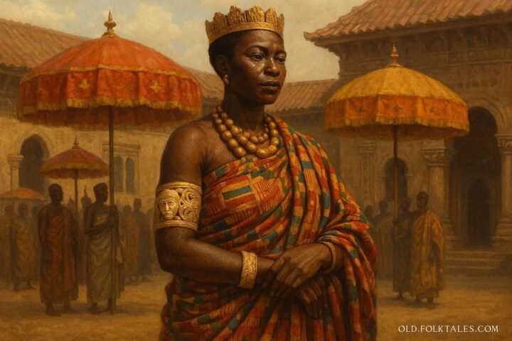 An Akan queen mother wearing a sacred ivory bracelet inside a royal palace courtyard