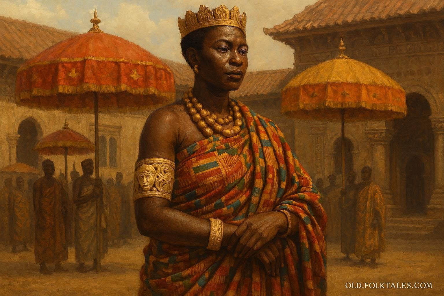 An Akan queen mother wearing a sacred ivory bracelet inside a royal palace courtyard