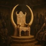 A sacred ivory throne surrounded by Bemba royal leaders during a succession gathering