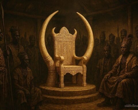 A sacred ivory throne surrounded by Bemba royal leaders during a succession gathering