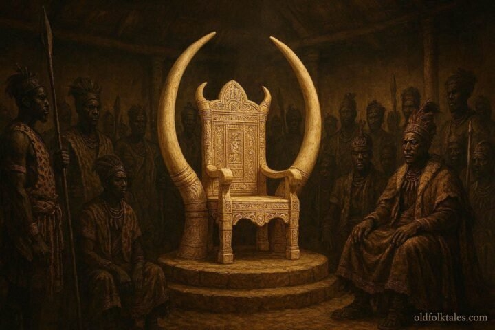 A sacred ivory throne surrounded by Bemba royal leaders during a succession gathering