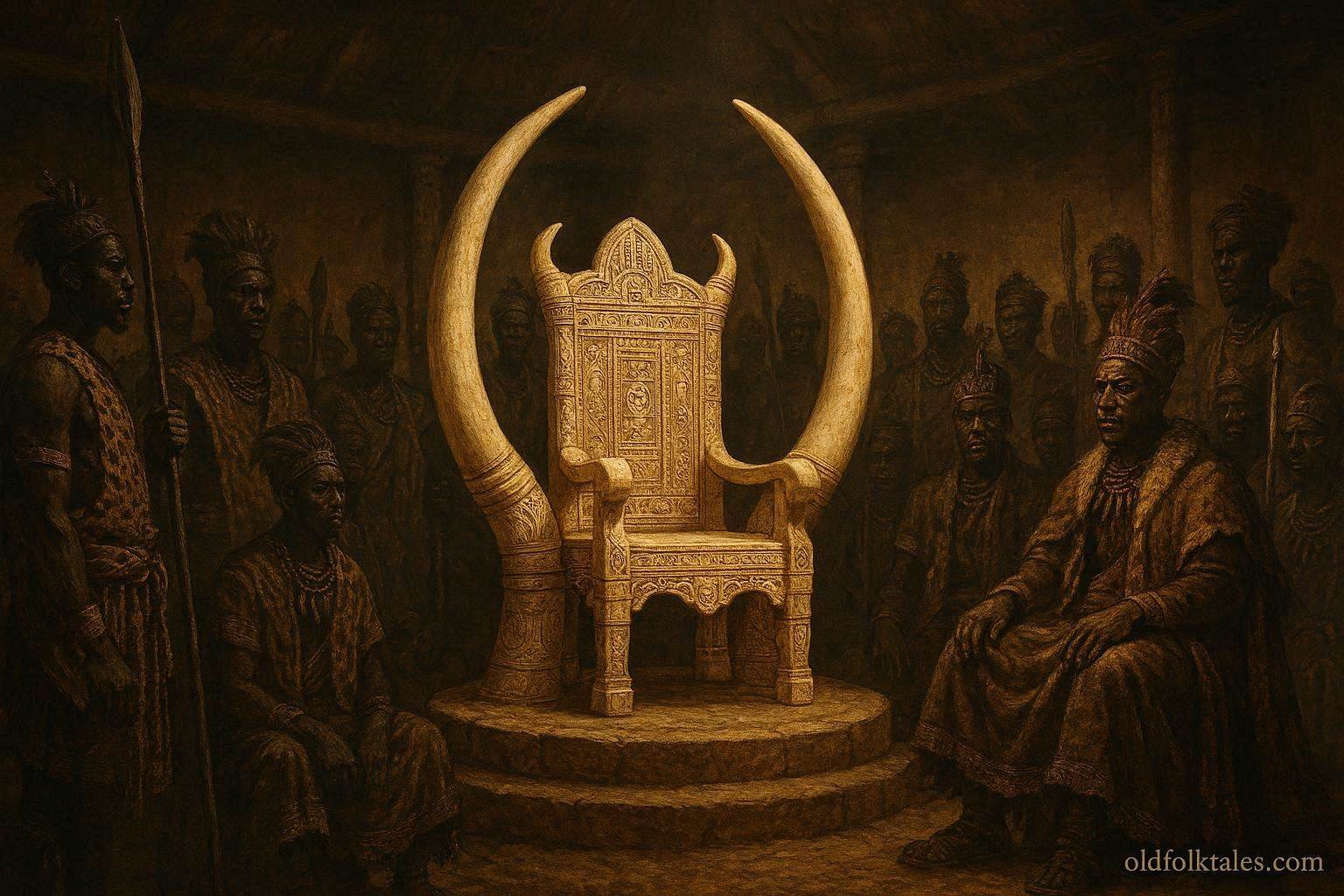 A sacred ivory throne surrounded by Bemba royal leaders during a succession gathering