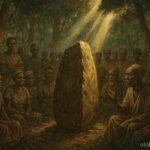 Villagers gathered around a sacred stone during a traditional justice ceremony in Maniema