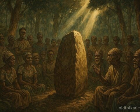 Villagers gathered around a sacred stone during a traditional justice ceremony in Maniema