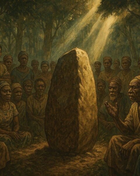 Villagers gathered around a sacred stone during a traditional justice ceremony in Maniema