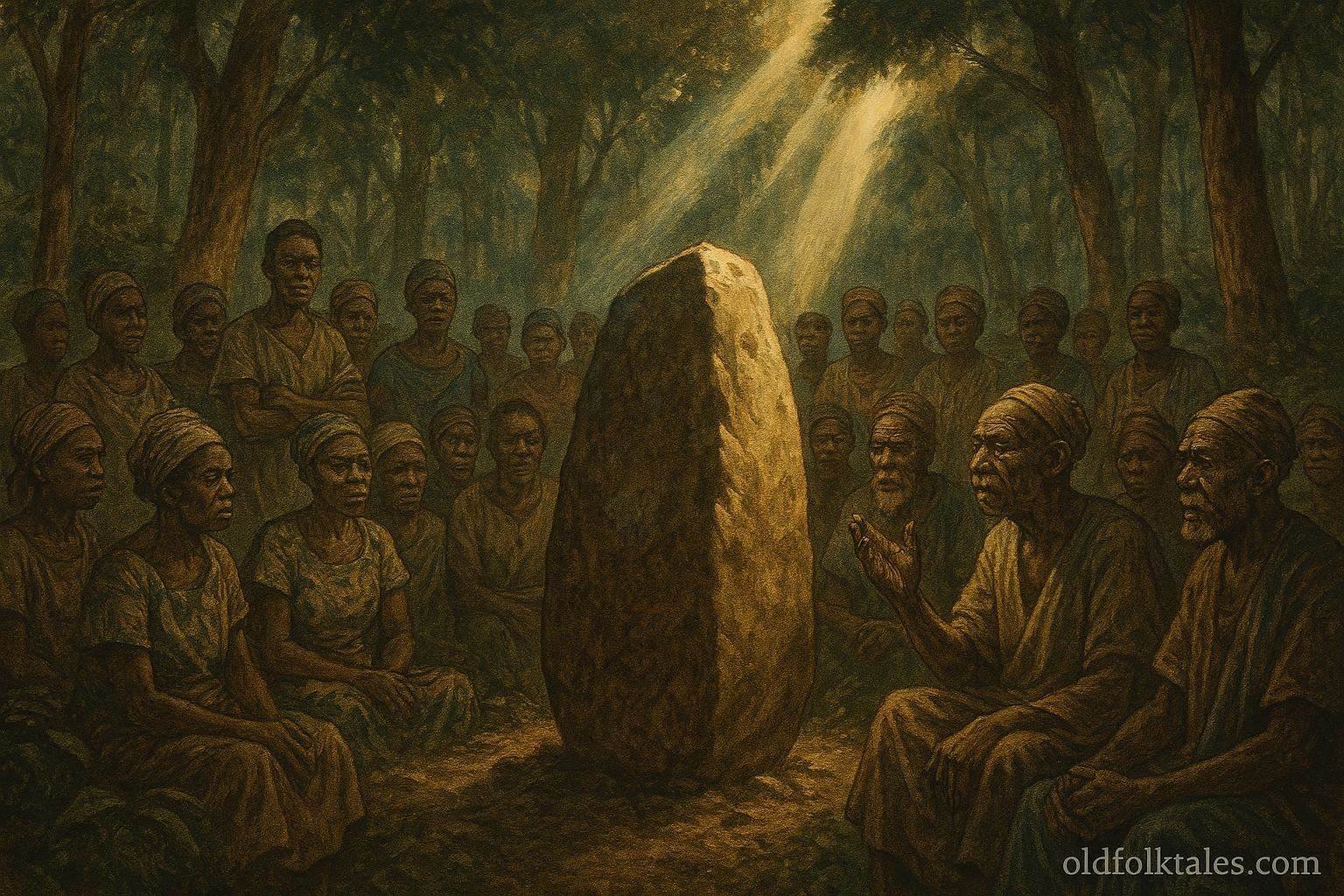 Villagers gathered around a sacred stone during a traditional justice ceremony in Maniema