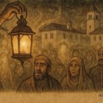 An Parchment-style illustration of magical lantern revealing truth in Tunisian town square, folktale scene.