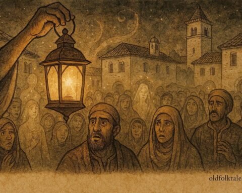 An Parchment-style illustration of magical lantern revealing truth in Tunisian town square, folktale scene.