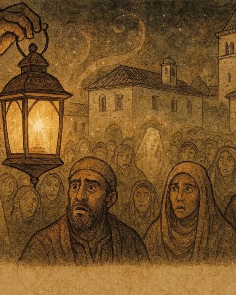 An Parchment-style illustration of magical lantern revealing truth in Tunisian town square, folktale scene.