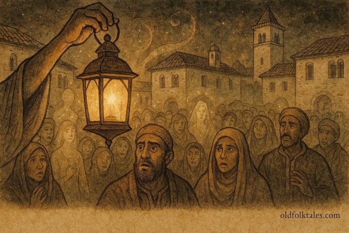 An Parchment-style illustration of magical lantern revealing truth in Tunisian town square, folktale scene.