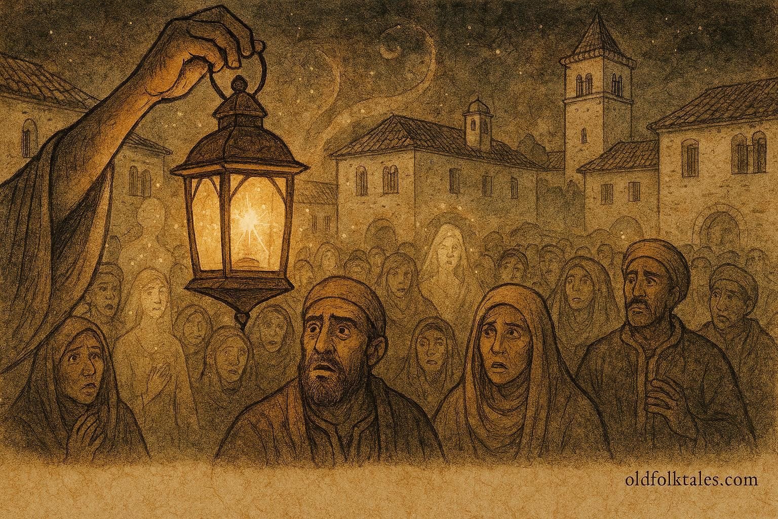 An Parchment-style illustration of magical lantern revealing truth in Tunisian town square, folktale scene.