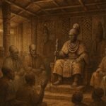 A royal court scene in the Kuba Kingdom showing elders and the king discussing governance and justice