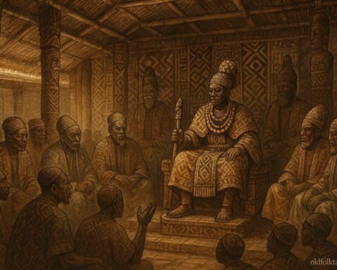 A royal court scene in the Kuba Kingdom showing elders and the king discussing governance and justice