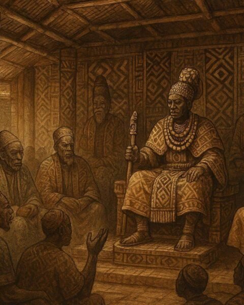 A royal court scene in the Kuba Kingdom showing elders and the king discussing governance and justice