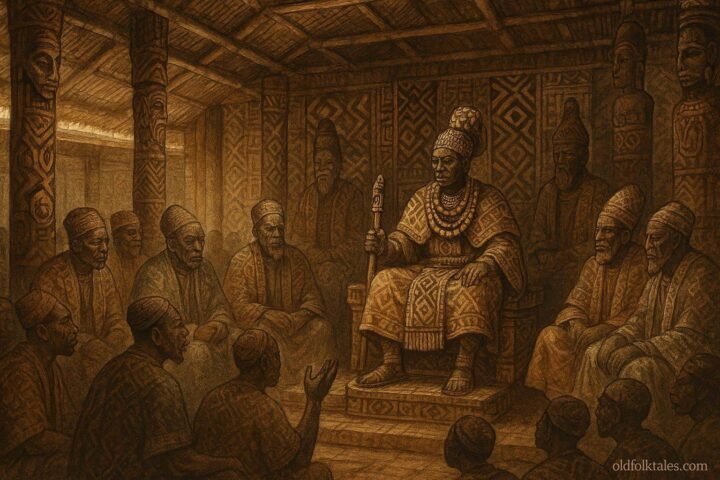A royal court scene in the Kuba Kingdom showing elders and the king discussing governance and justice