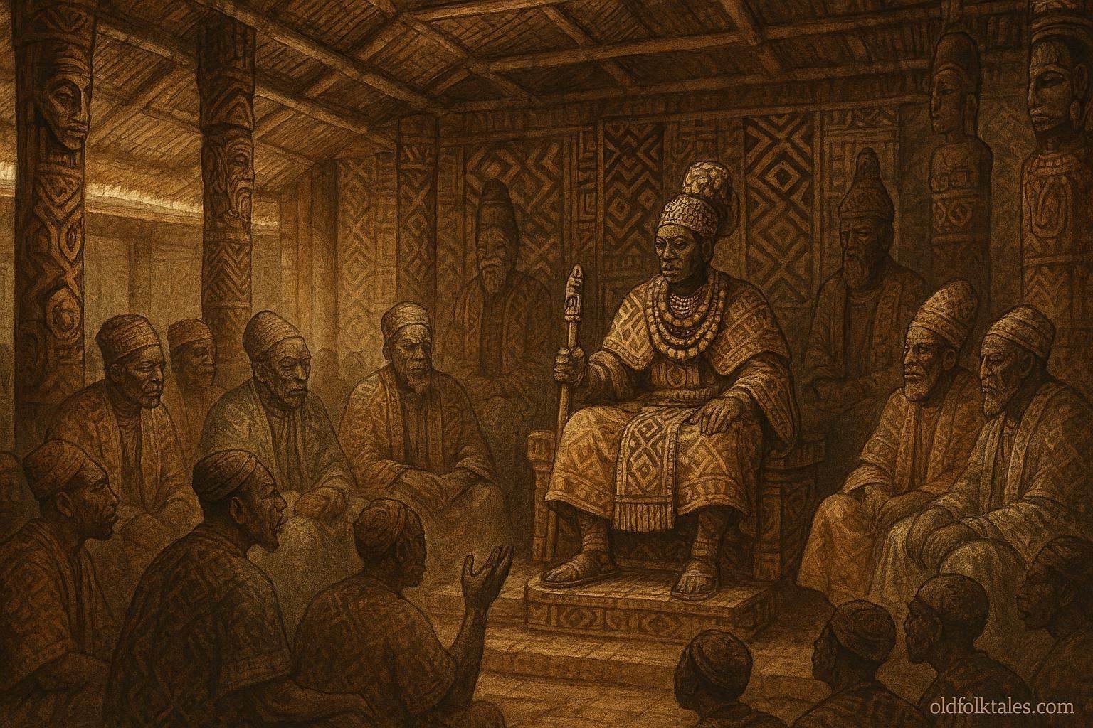 A royal court scene in the Kuba Kingdom showing elders and the king discussing governance and justice