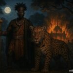 A legendary African king beside a giant leopard during a royal uprising in Zambia