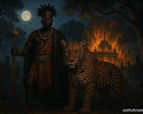 A legendary African king beside a giant leopard during a royal uprising in Zambia