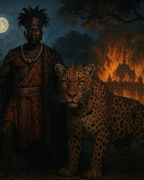 A legendary African king beside a giant leopard during a royal uprising in Zambia