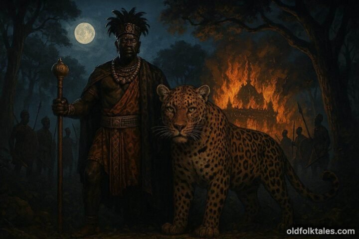 A legendary African king beside a giant leopard during a royal uprising in Zambia