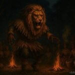 A sacred lion masked figure appearing during a Nyau ceremony in Zambia