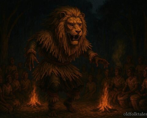 A sacred lion masked figure appearing during a Nyau ceremony in Zambia