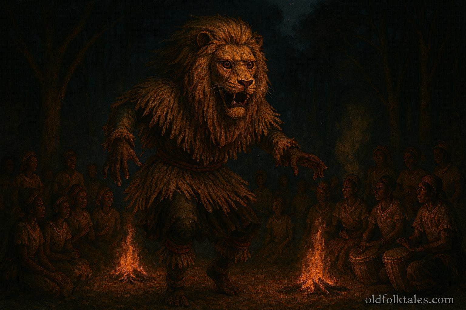 A sacred lion masked figure appearing during a Nyau ceremony in Zambia